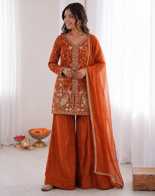 orange  silk blend embroidered with sequence plazzo suit 1