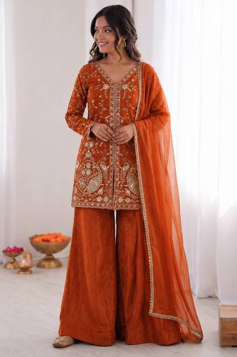 orange  silk blend embroidered with sequence plazzo suit