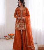 orange  silk blend embroidered with sequence plazzo suit
