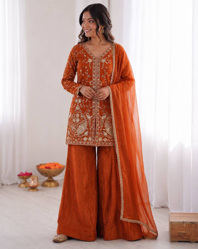 orange  silk blend embroidered with sequence plazzo suit