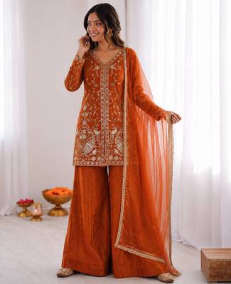 orange  silk blend embroidered with sequence plazzo suit 2