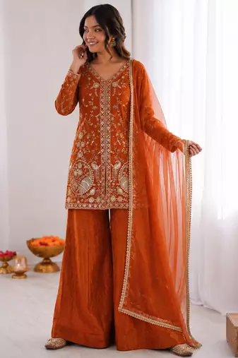 orange  silk blend embroidered with sequence plazzo suit
