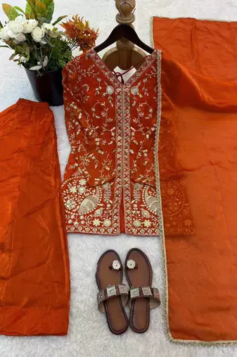 orange  silk blend embroidered with sequence plazzo suit