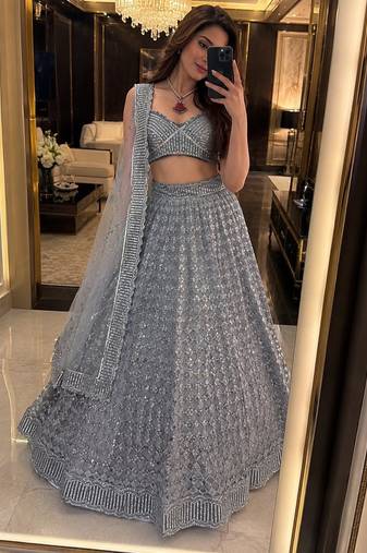 Grey lehenga choli with heavy sequin embroidery & net dupatta for women