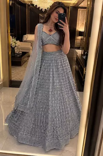 Grey lehenga choli with heavy sequin embroidery & net dupatta for women