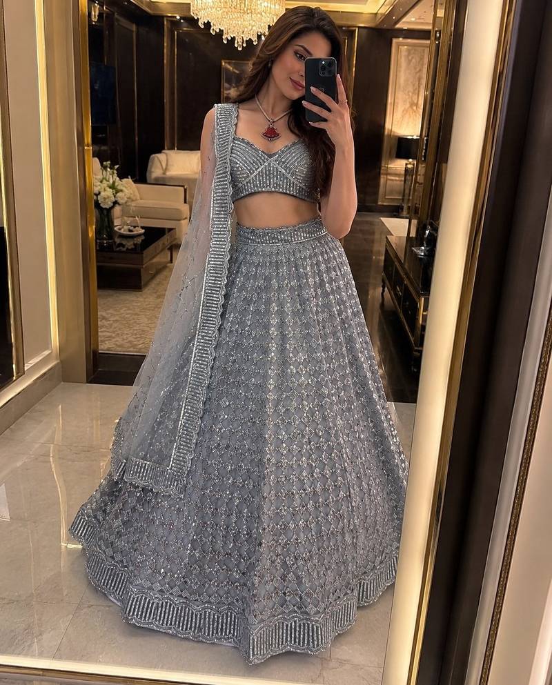 Grey lehenga choli with heavy sequin embroidery & net dupatta for women
