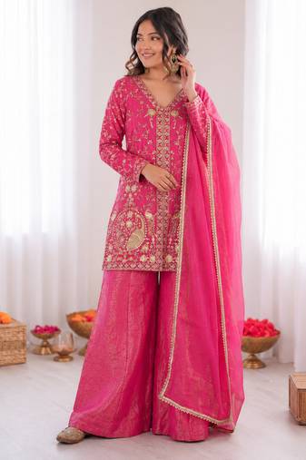 pink  silk blend embroidered with sequence plazzo suit