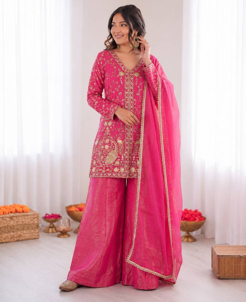 pink  silk blend embroidered with sequence plazzo suit