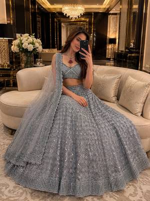 Grey lehenga choli with heavy sequin embroidery & net dupatta for women 2