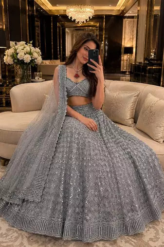 Grey lehenga choli with heavy sequin embroidery & net dupatta for women