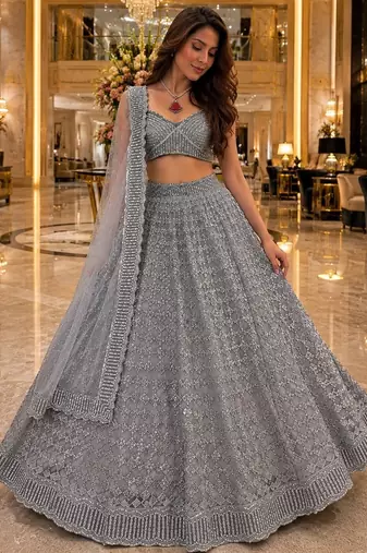 Grey lehenga choli with heavy sequin embroidery & net dupatta for women