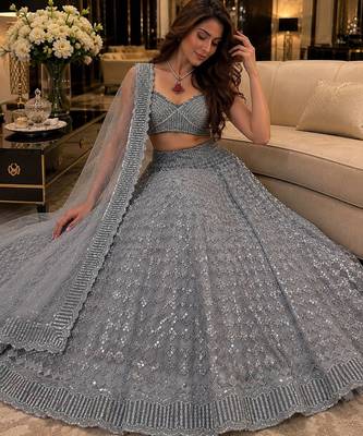 Grey lehenga choli with heavy sequin embroidery & net dupatta for women 4