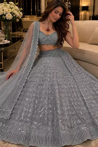 Grey lehenga choli with heavy sequin embroidery & net dupatta for women