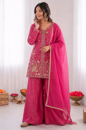 pink  silk blend embroidered with sequence plazzo suit