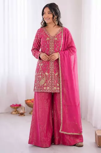 pink  silk blend embroidered with sequence plazzo suit