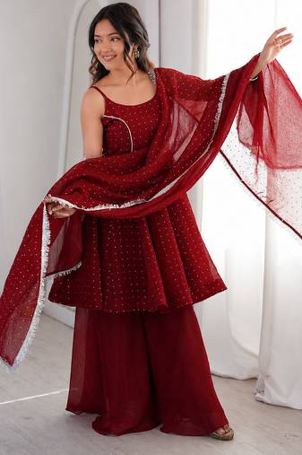 maroon  silk blend zarkhand work designer plazzo suit