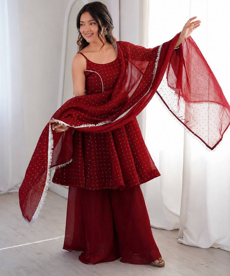 maroon  silk blend zarkhand work designer plazzo suit