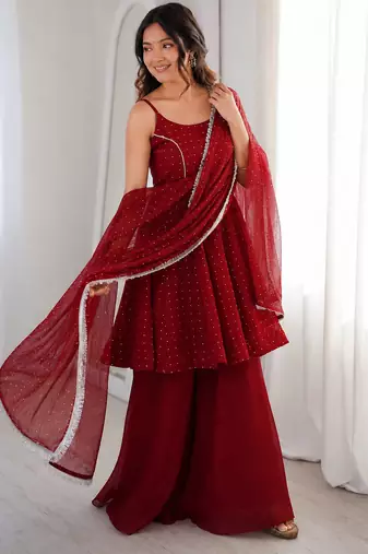 maroon  silk blend zarkhand work designer plazzo suit