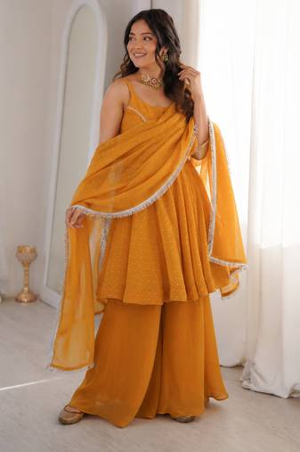 yellow  silk blend zarkhand work designer plazzo suit