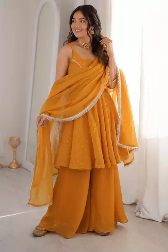 yellow  silk blend zarkhand work designer plazzo suit
