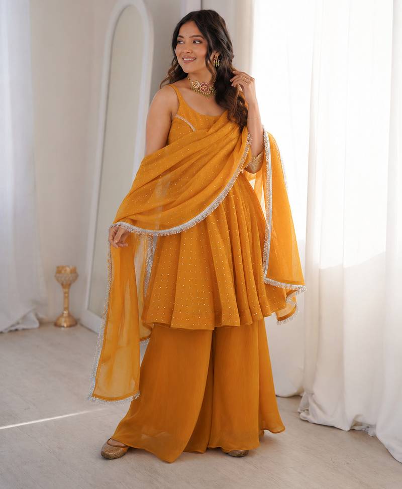 yellow  silk blend zarkhand work designer plazzo suit