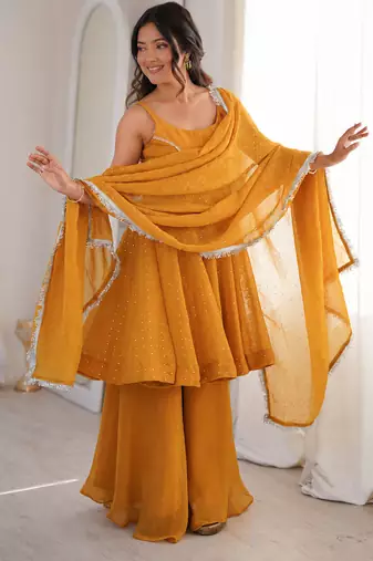 yellow  silk blend zarkhand work designer plazzo suit