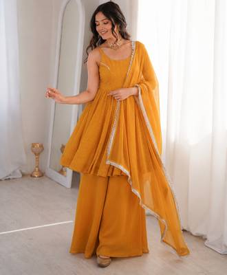 yellow  silk blend zarkhand work designer plazzo suit 3