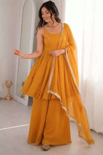yellow  silk blend zarkhand work designer plazzo suit
