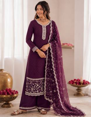 wine georgette embroidered siroski diamond work plazzo suit 1