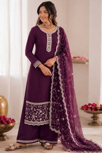 wine georgette embroidered siroski diamond work plazzo suit