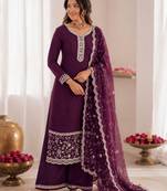 wine georgette embroidered siroski diamond work plazzo suit