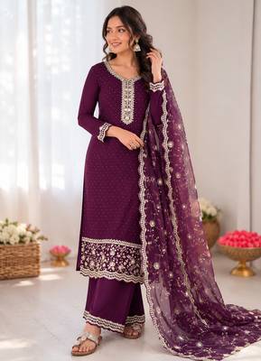 wine georgette embroidered siroski diamond work plazzo suit 2
