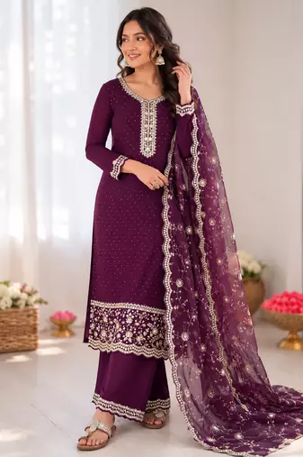 wine georgette embroidered siroski diamond work plazzo suit