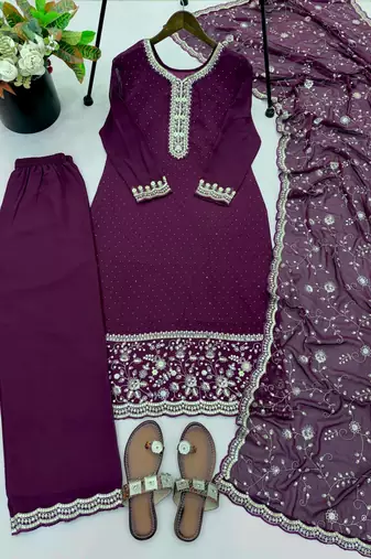 wine georgette embroidered siroski diamond work plazzo suit