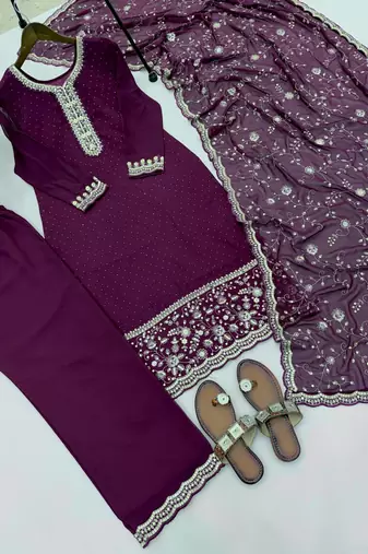 wine georgette embroidered siroski diamond work plazzo suit