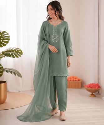 olive green  silk blend thread work salwar suit 1