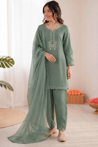 olive green  silk blend thread work salwar suit