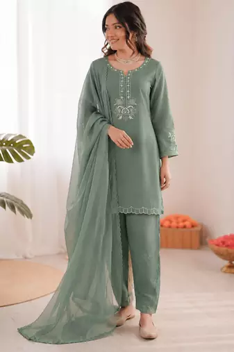 olive green  silk blend thread work salwar suit