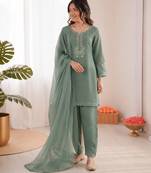 olive green  silk blend thread work salwar suit