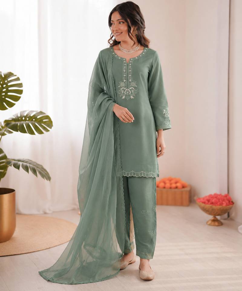 olive green  silk blend thread work salwar suit