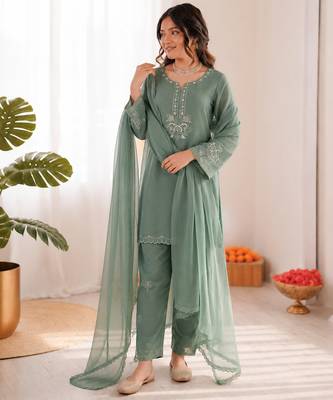 olive green  silk blend thread work salwar suit 2