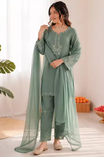 olive green  silk blend thread work salwar suit