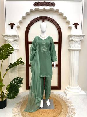 olive green  silk blend thread work salwar suit 3