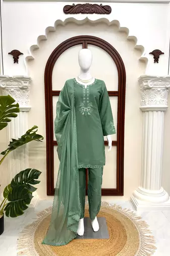 olive green  silk blend thread work salwar suit
