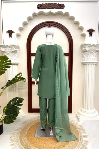 olive green  silk blend thread work salwar suit