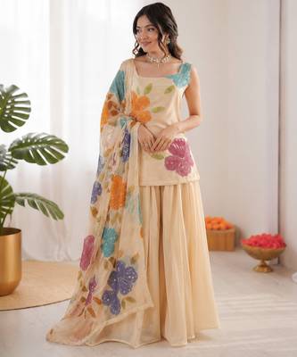cream organza silk blend sequence work plazzo suit 1