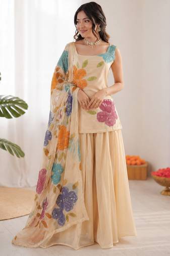 cream organza silk blend sequence work plazzo suit