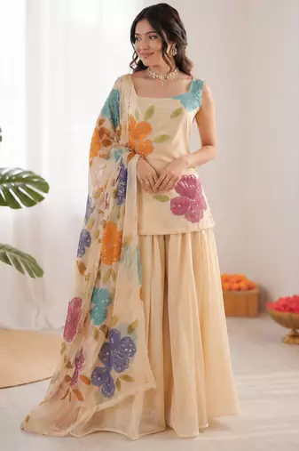 cream organza silk blend sequence work plazzo suit