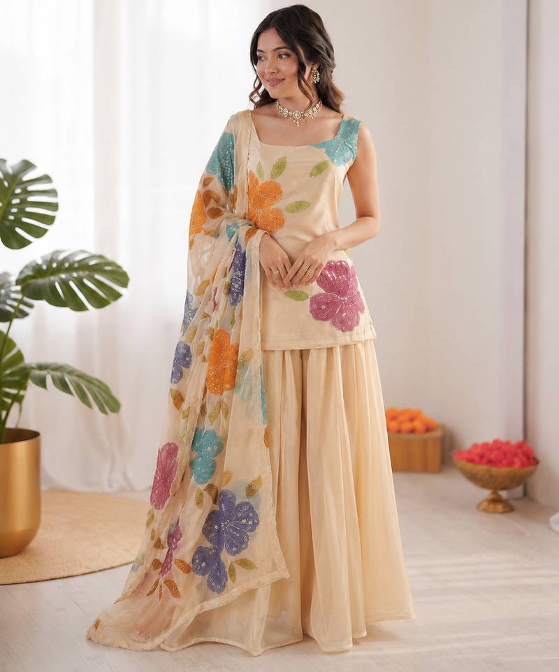 cream organza silk blend sequence work plazzo suit