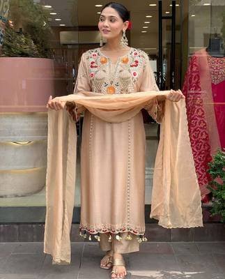 Elegant beige floral embroidered kurta palazzo set with dupatta for women 1